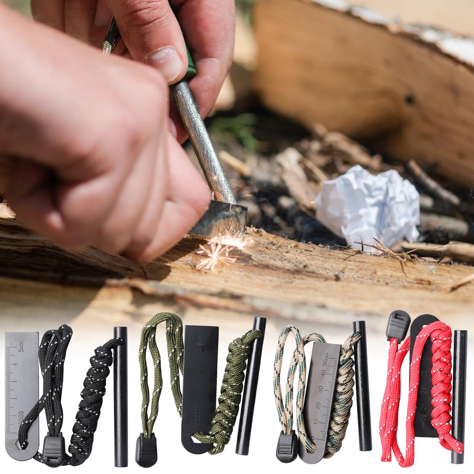Acero para fuego: pedernal de supervivencia con paracord, iniciador de fuego para camping