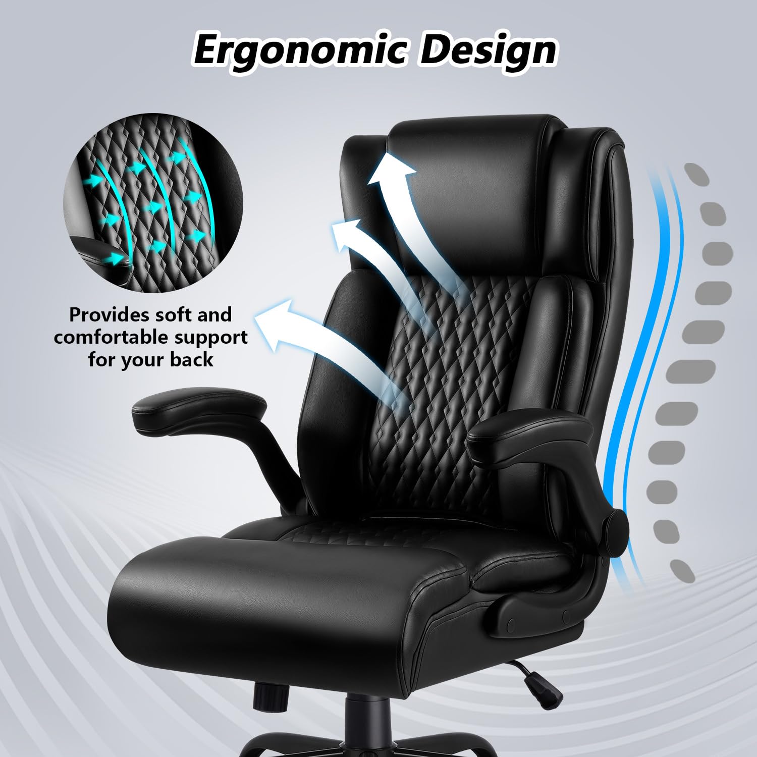 Big and Tall Office Chair, Ergonomic Leather Office Computer Desk Chair, Black Heavy Duty Office Chair with Flip-up Armrest, Comfortable High Back Home Chair 400 LBS with Lumbar Support