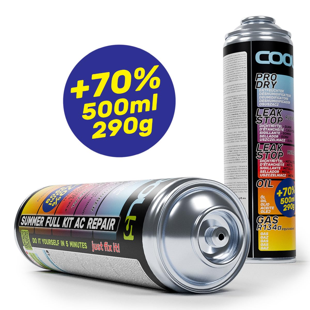 Ersatzkältemittel r134a für Autoklimaanlagen – 2 Dosen 5in1, 290g + Druckleitung mit Manometer