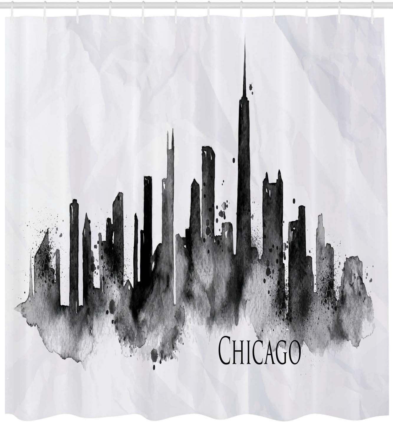 Ambesonne Chicago Skyline Shower Curtain, Watercolor Urban Landscape Grunge Brushstroke Effects Murky Image, Cloth Fabric Bathroom Decor Set with Hooks, 69" W x 70" L, Black Charcoal Grey
