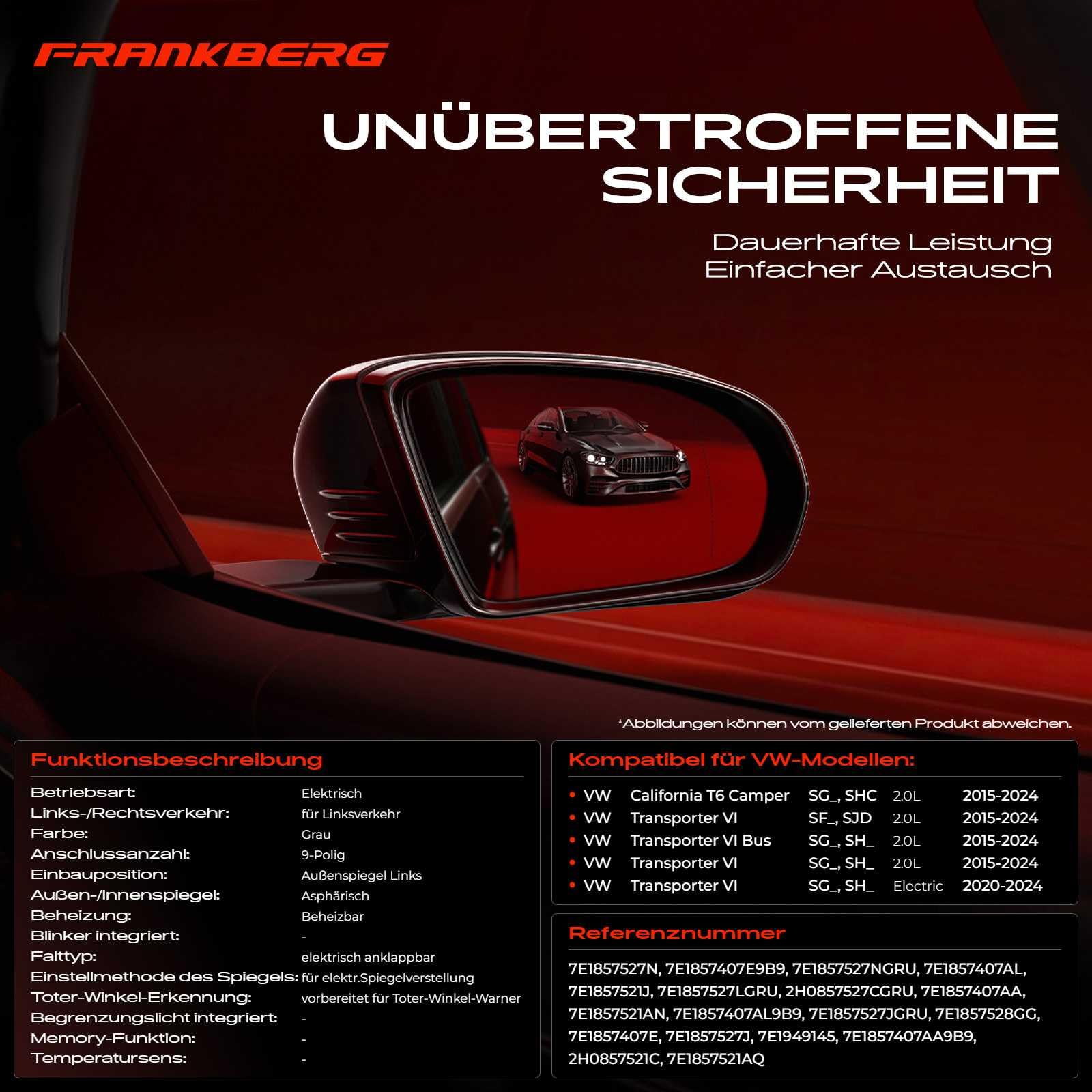 Frankberg Elektrisch Aussenspiegel Außenspiegel Links 9-Polig &-Beheizbar &-Totwinkel assistent &-Elektronisch einklappbar Kompatibel mit California T6 Camper SGC SG.G SHC(15-24)