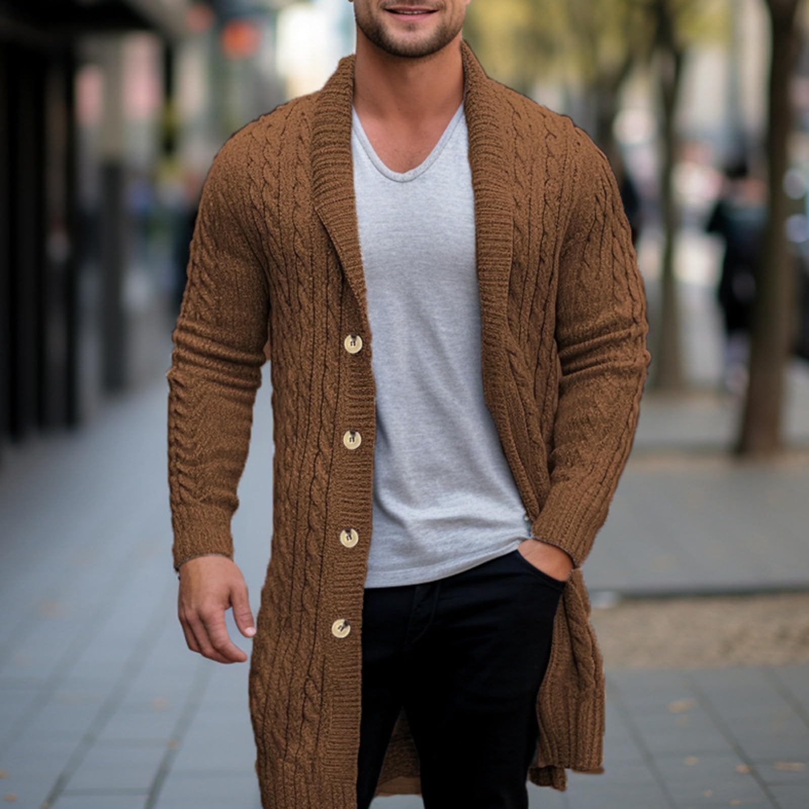 Abrigo de punto largo para hombre, túnica gruesa hasta la rodilla, abrigo de invierno, cálido, cortavientos, con botones, abrigo de invierno, cárdigan de punto, chaqueta de invierno monocolor