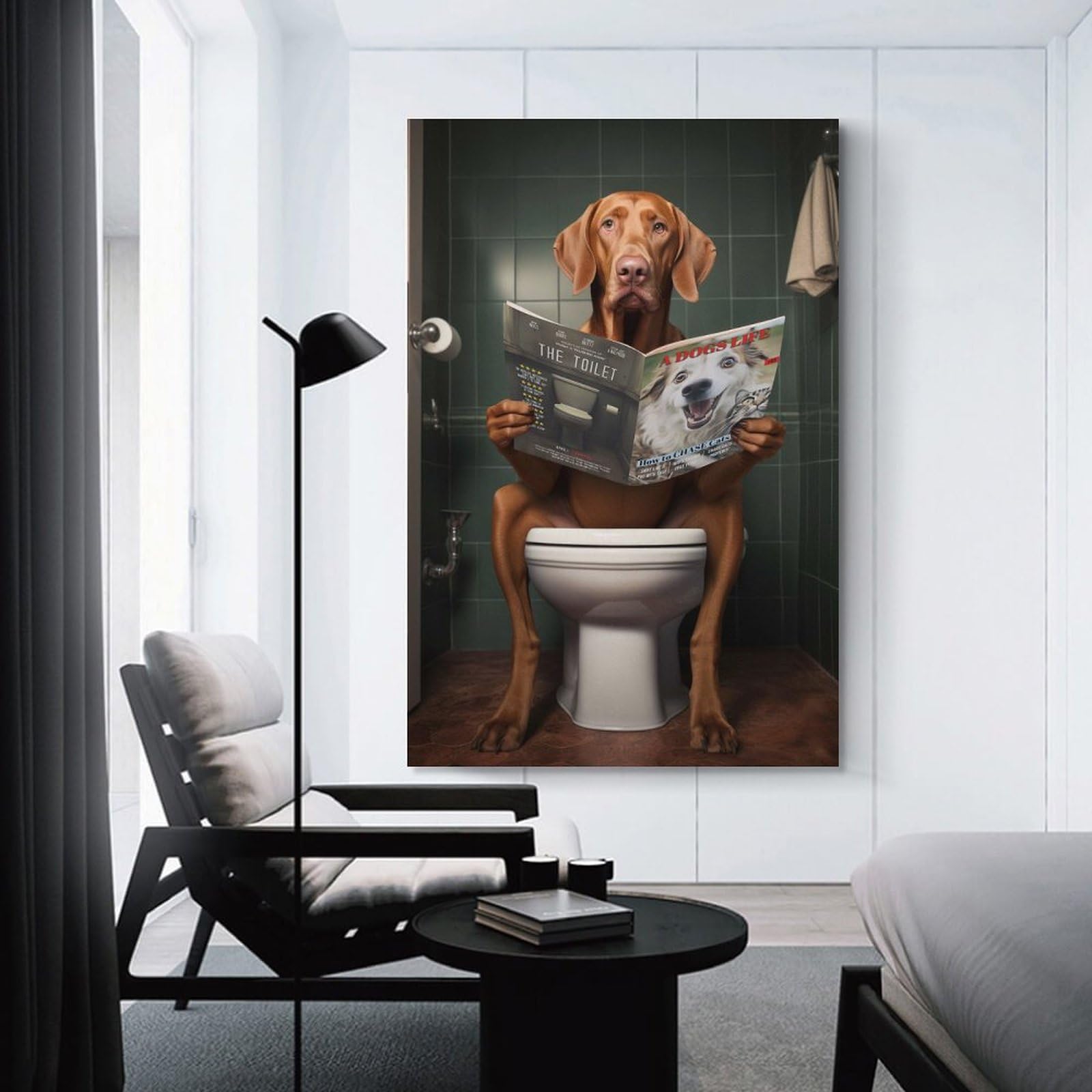 Junmoney Unframe-Style-2 Vizsla On The Toilet Wall Art Print 12X18inch(30X45cm), For Picture Wall Styling In Lounge Or Bedroom, A Versatile Canvas Print For Layering