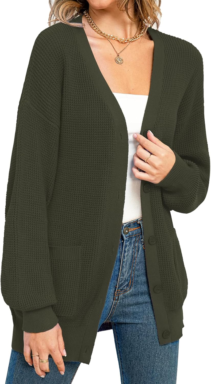 QUALFORT Women's 100% Cotton Cardigan Sweaters for Women Button Down Oversized Knit Outerwear with Pockets Fall Cardigan 2026