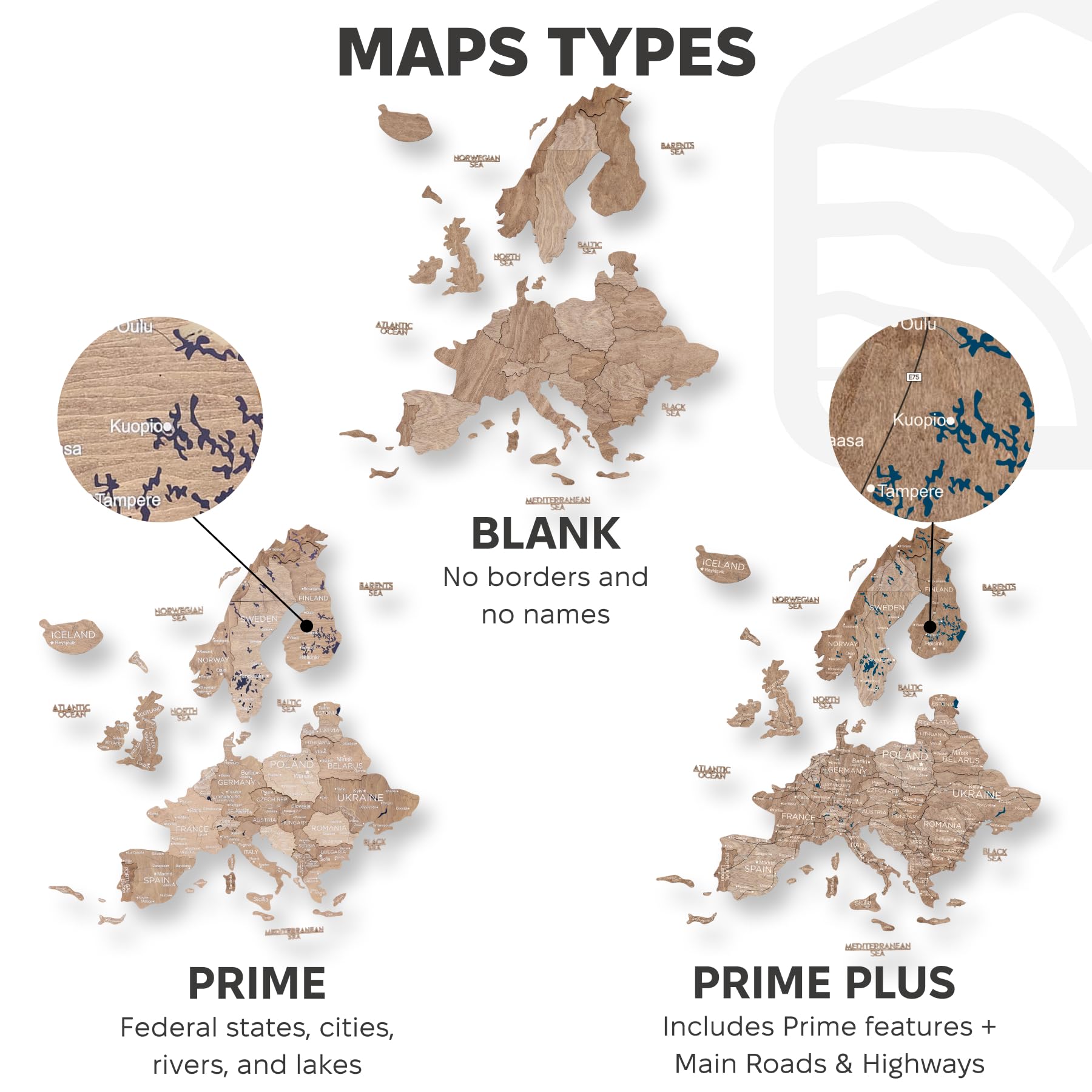 ENJOY THE WOOD Mapa de Europa en Madera 3D – Mapa Europeo Artesanal con Fronteras de Países – Decoración Moderna de Viajes con Pines, Regalo para Parejas y Familias