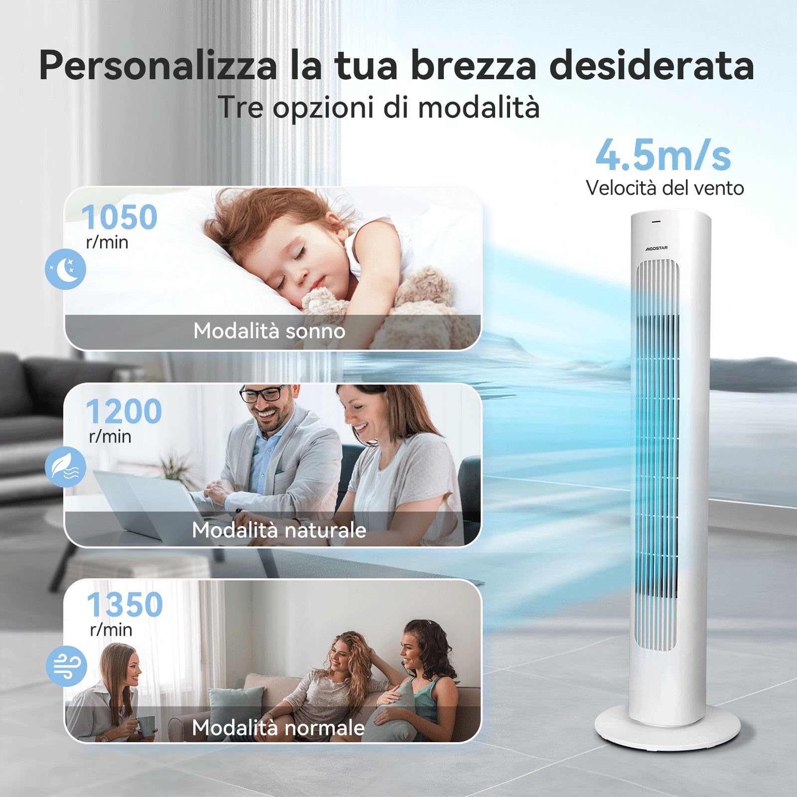 Aigostar Robert - Ventilatore a Torre con Telecomando e 3 Velocità e 3 Modalità di Vento, Ventilatore Senza Pale, Timer, 50W, Oscillazione a 70°, Display LED, Adatto per Casa e Ufficio, Bianco