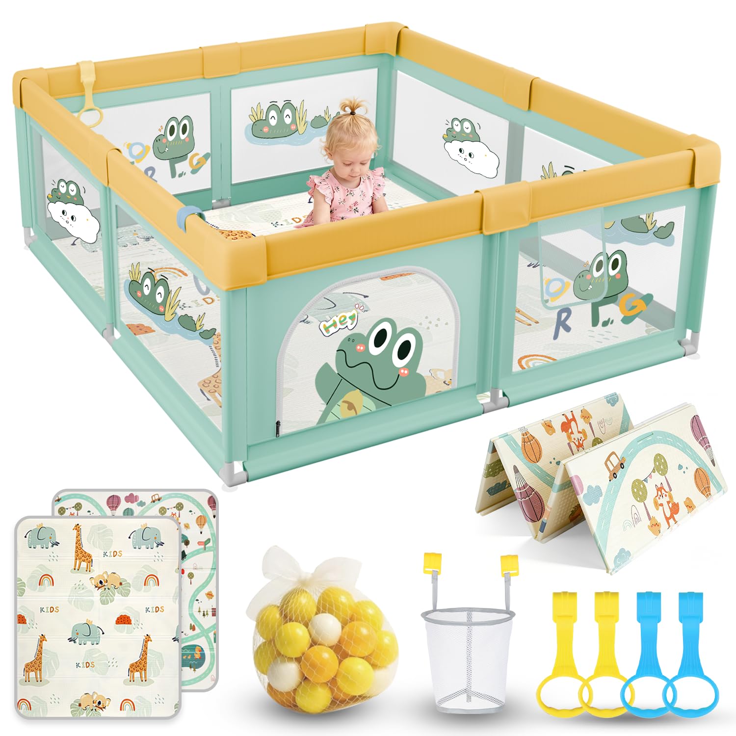 SOFTHOM Box Bambini 150x180 con Tappeto, Recinto per Bambini con 360° Rete Traspirante, Tessuto Oxford, Laterali con Zip, Antiscivolo Robusta Centro Attività, 60 Palline, 4 Maniglie, Coccodrillo verde