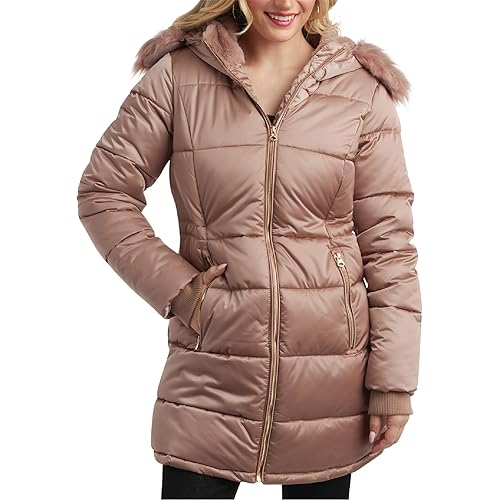 Jessica Simpson Womens Long Puffer Coat - Quilted Puffer Jacket with Faux Fur Hood - Insulated Winter Coats for Women