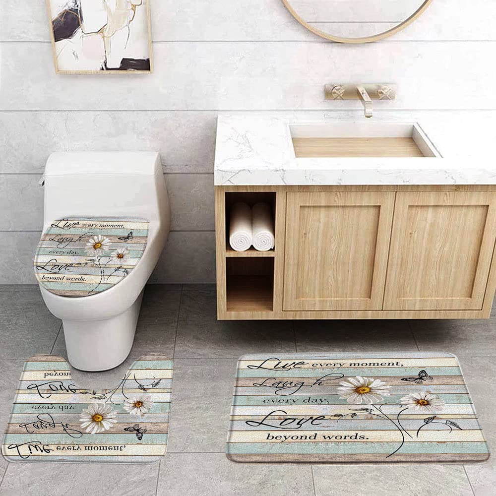 Rustic Daisy 3 Piece Bath Rugs Set,Farmhouse Floral Butterfly with Inspirational Quotes on Wood Board Country Bathroom Kitchen Rug with 16