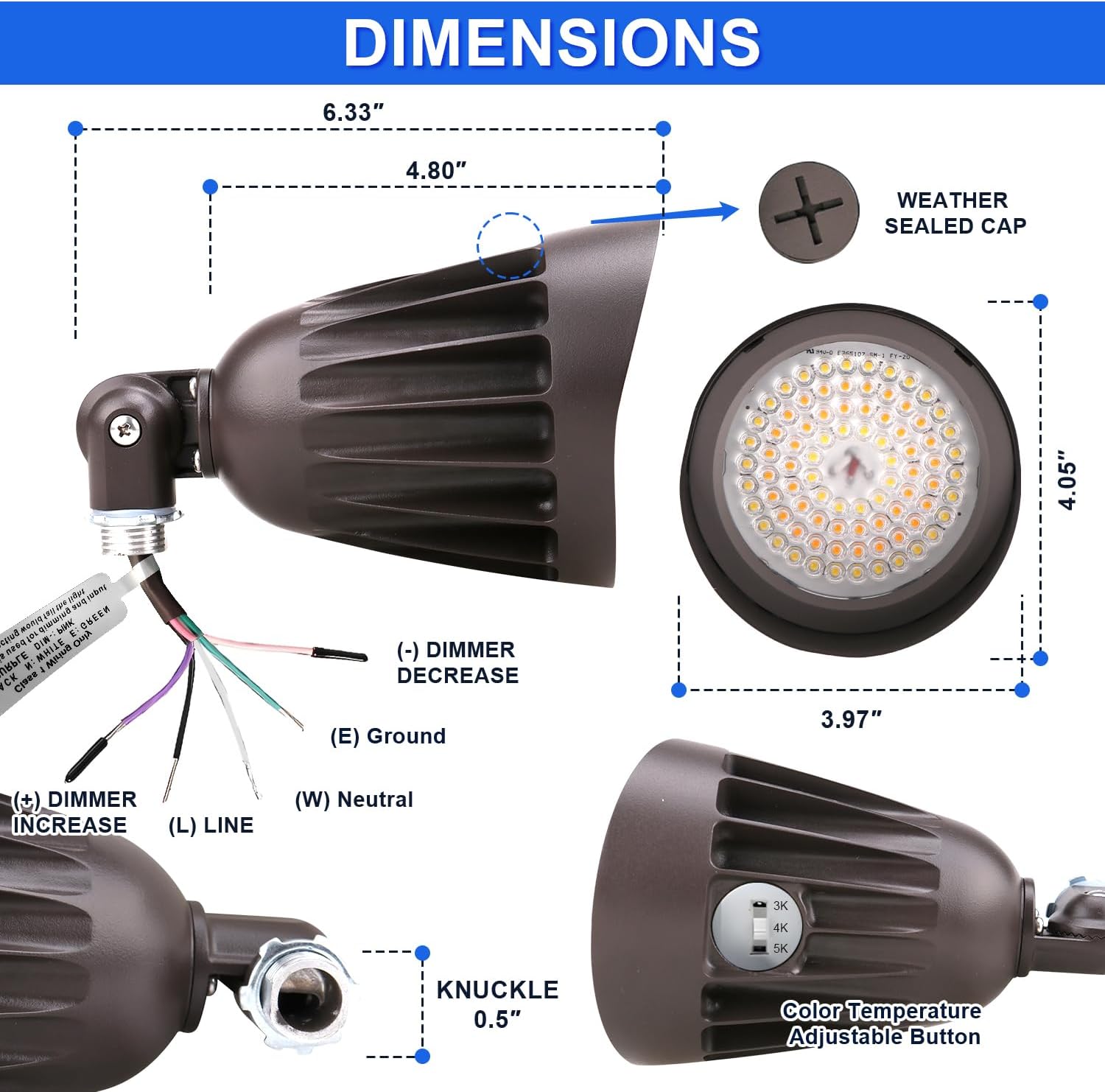 25W LED Bullet Spot Light, 3CCT 3000K/4000K/5000K Selectable, 3500LM LED Landscape Spotlight with Knuckle Mount, 0-10V Dimmable, 120-277V Commercial Grade Flag Pole Light, UL DLC Listed (1-Pack)