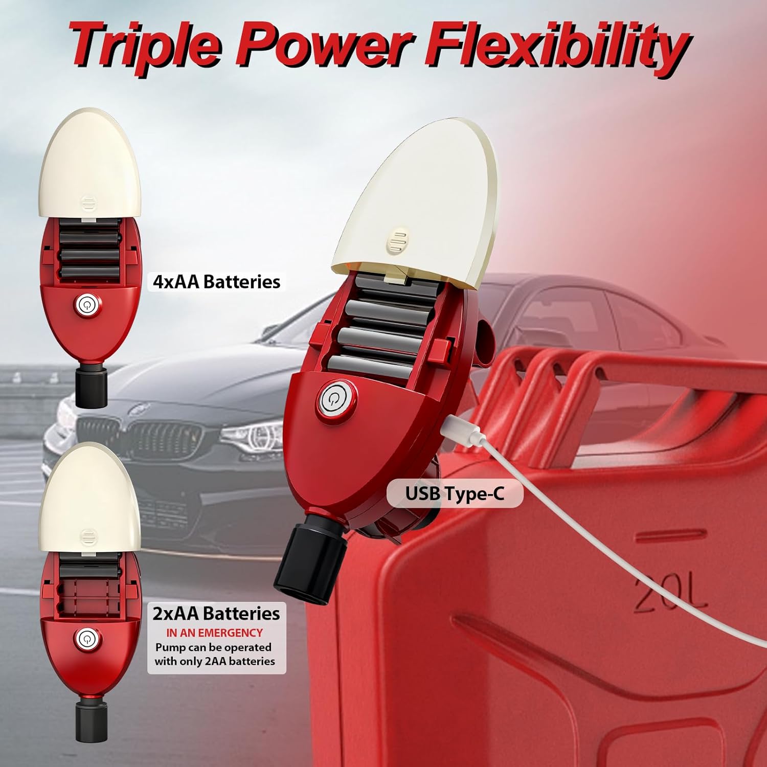 Automatic Portable Fuel Transfer Pump with Auto-Stop, 2.4 Gallon per minute, Extra Long Hose, Battery Powered and USB Type-c, 3 Can Adapters and Leak protection, Gas Pump for Oil, Diesel and Gasoline