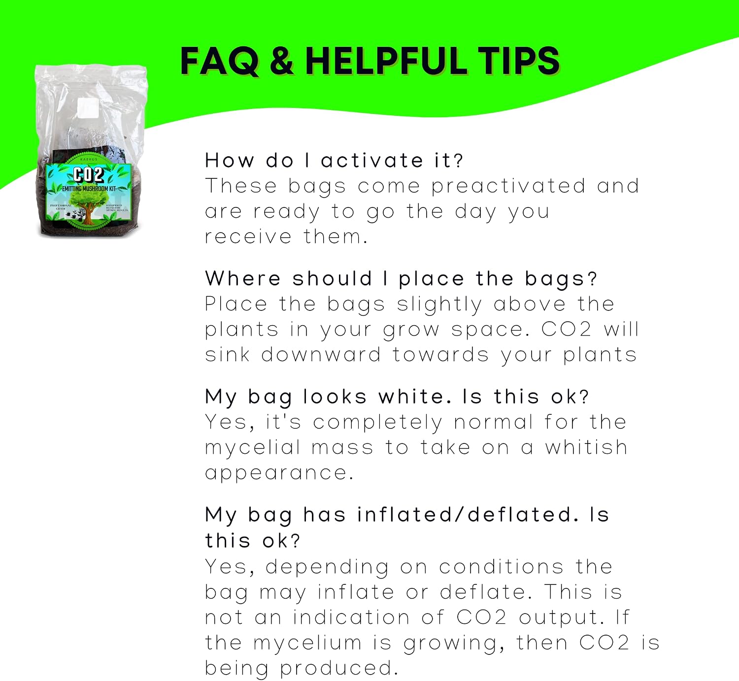 K A E R U S CO2 Bags for Grow Tent - Set and Forget Generator Plants | Mushroom Bag Booster, Great Indoor Growing Rooms Preactivated 5LB