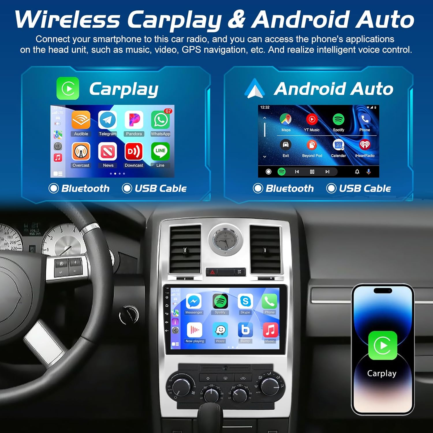 [4+64G] NHOPEEW Car Radio for Chrysler 300C 300 2004-2011 - Wireless Carplay and Android Auto - 9 Inch Touchscreen Android Car Stereo with EQ Audio/GPS/WiFi/SWC/Bluetooth + AHD Backup Camera