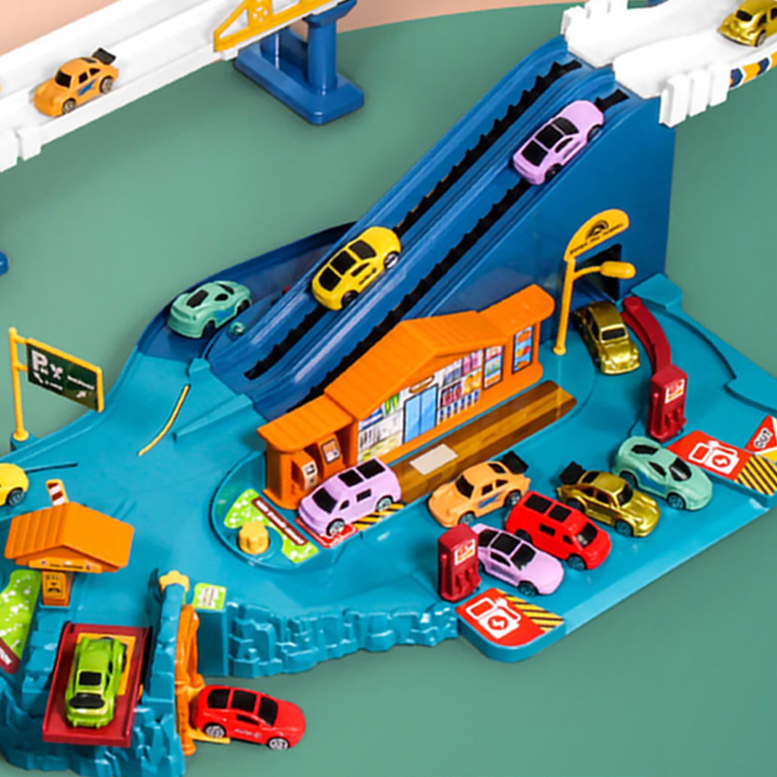 Rieles de Coche de Juguete, Pista de Aventura Flexible para Niños Pequeños, Juego de Vehículos Eléctricos, Regalo (Caja de Color de autopista (estándar para 4)