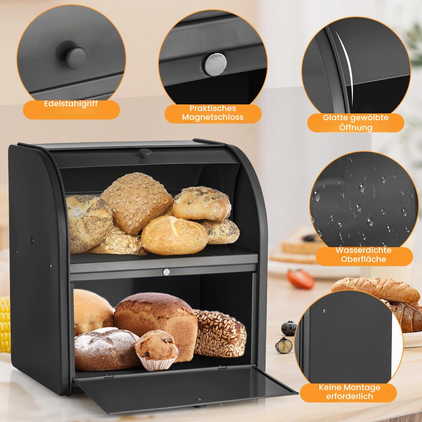Brotkasten 2-lagig groß Brotkasten für Küche Schwarz