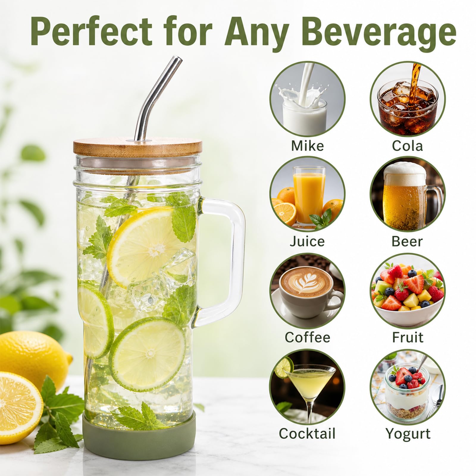 Yesland Glasbecher mit Griff, 680 ml, Einmachglas mit Bambusdeckel und Strohhalmen, wiederverwendbare Kaffeetassen, Trinkgläser für Eiskaffee, Smoothies, Bier, Saft und Bubble Tee, Geschenk, 4 Stück