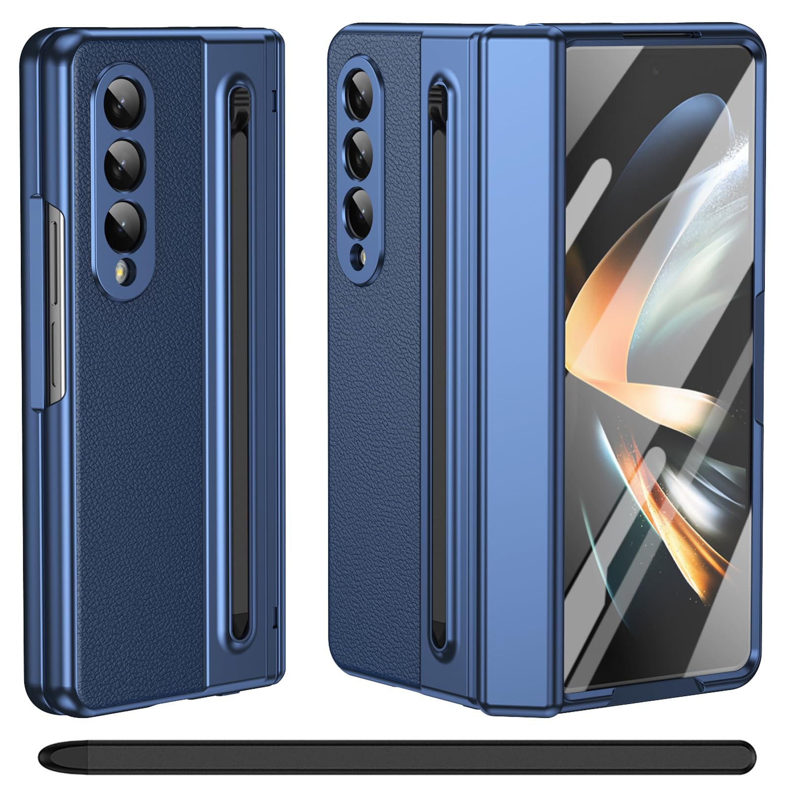 per Galaxy Z Fold 3 Custodia con Penna Stilo, Protezione Cerniera + Porta Penna S + Pellicola Protettiva in Vetro Temperato, Cover in Pelle per Samsung Galaxy Z Fold3-Blu