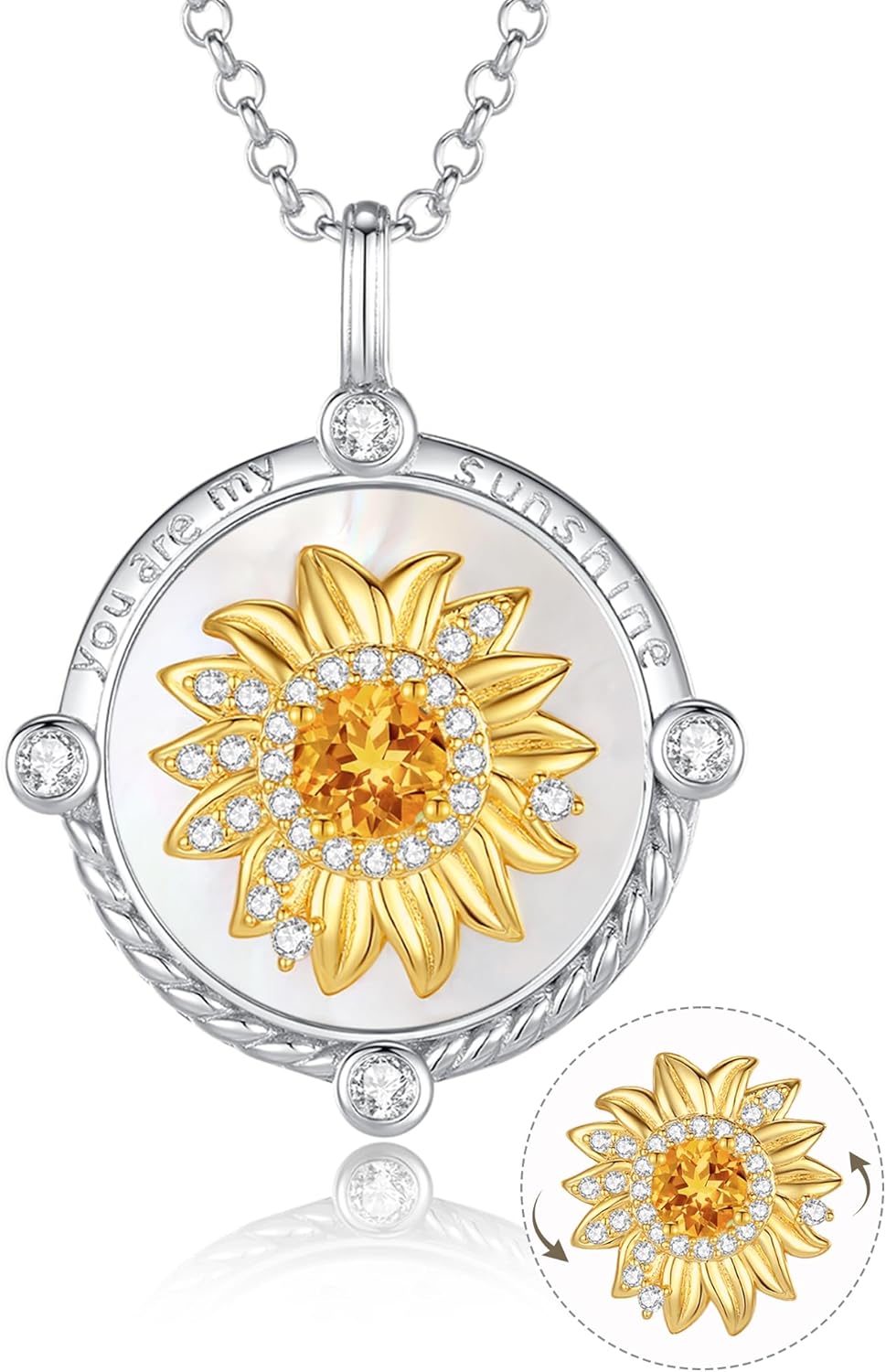 FANCIME Sunflower necklace Sterling Silver Spinning Anxiety Pendant for anti-stress, You Are My Sunshine Mother of pearl Jewelry Birthday Christmas Gifts for Women Wife Her