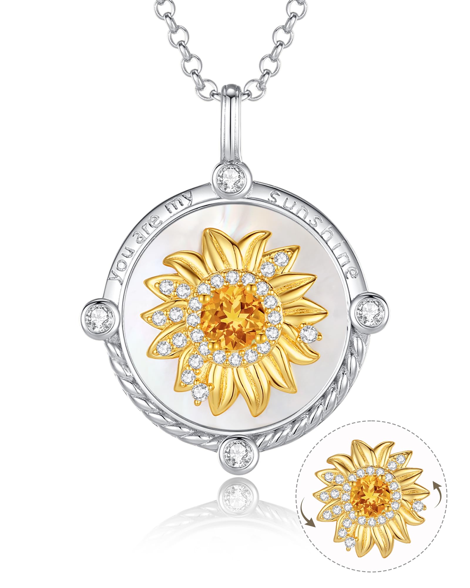 FANCIME Sunflower necklace Sterling Silver Spinning Anxiety Pendant for anti-stress, You Are My Sunshine Mother of pearl Jewelry Birthday Mothers Day