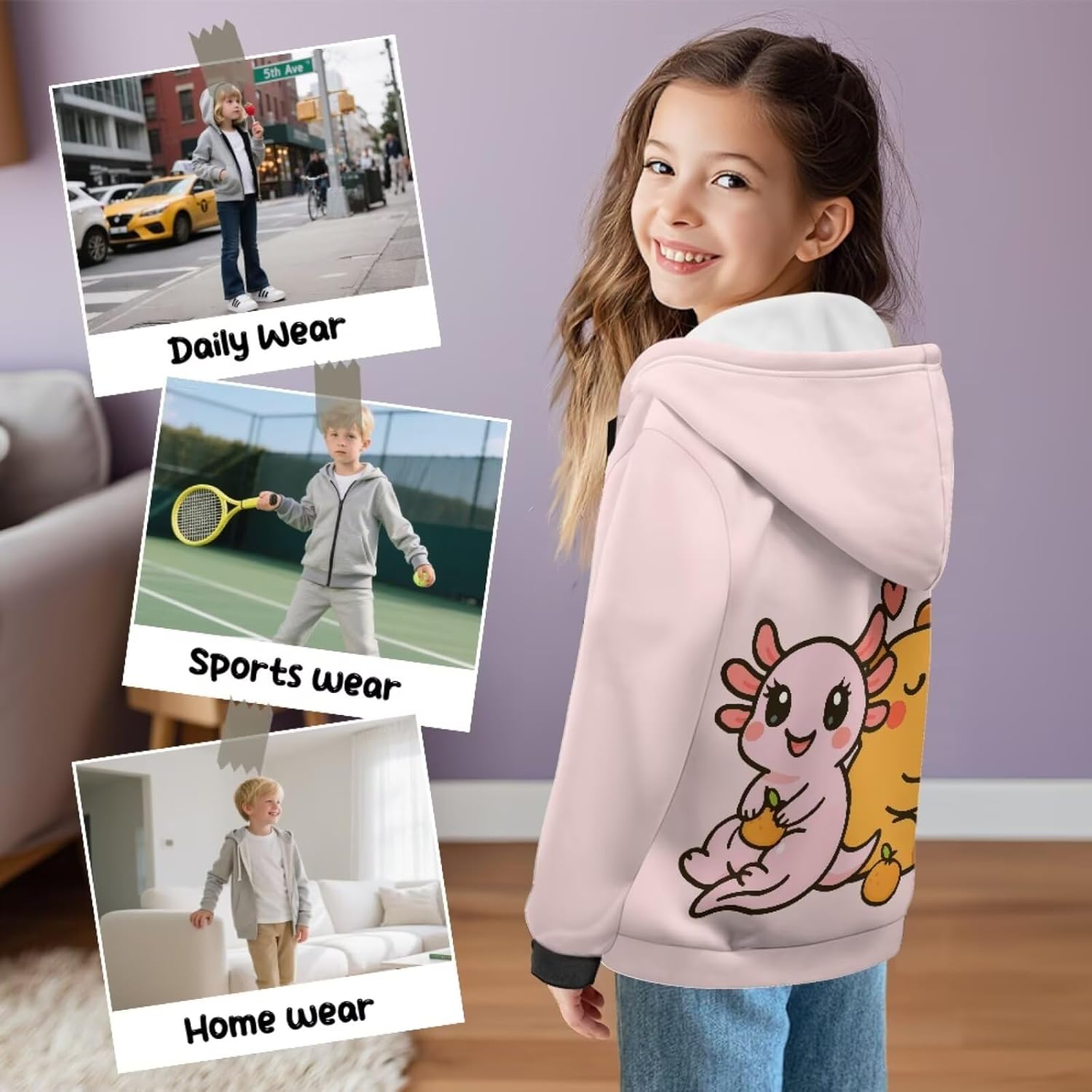 Cartoon Axolotl Girls Hooded Sweatshirt Casual Full Zip Hoodies Soft Plush Athletic Jacket Sportswear