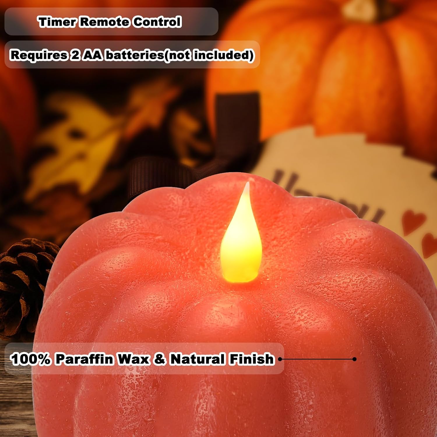 3PCS Fall Flameless Pumpkin Candles - Battery-Powered Flickering Candle with Timer Remote Control, Thanksgiving Gifts, Autumn Farmhouse Rustic Harvest Decor for Tiered Tray Table Indoor
