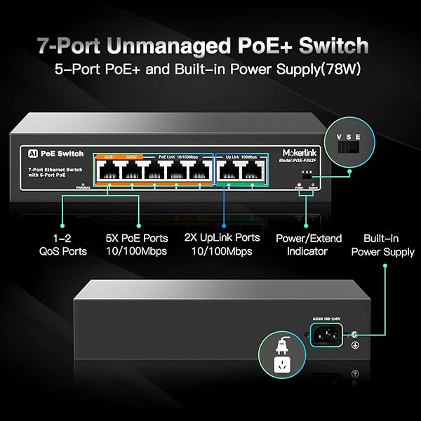mokerlink 7 Porte Switch Poe con 5 Porte Poe 2 Uplink Rilevamento AI 78W Qos Switch di Rete Plug Play in Metallo Senza Ventole