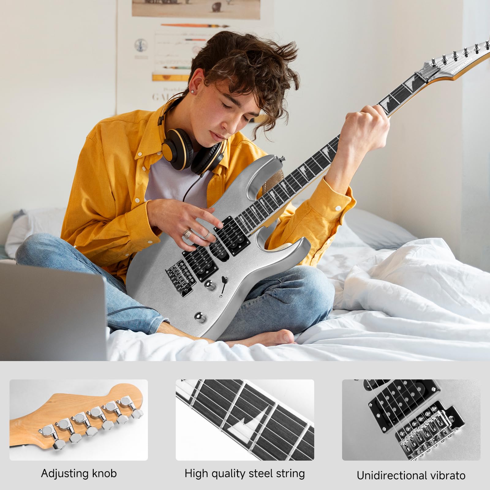 Chitarra elettrica principianti principianti pratica full size in legno massello HSH pickup con amplificatore, borsa, capotasto, cinghia, cavo, plettri, (99 cm, destrorsi, argento)