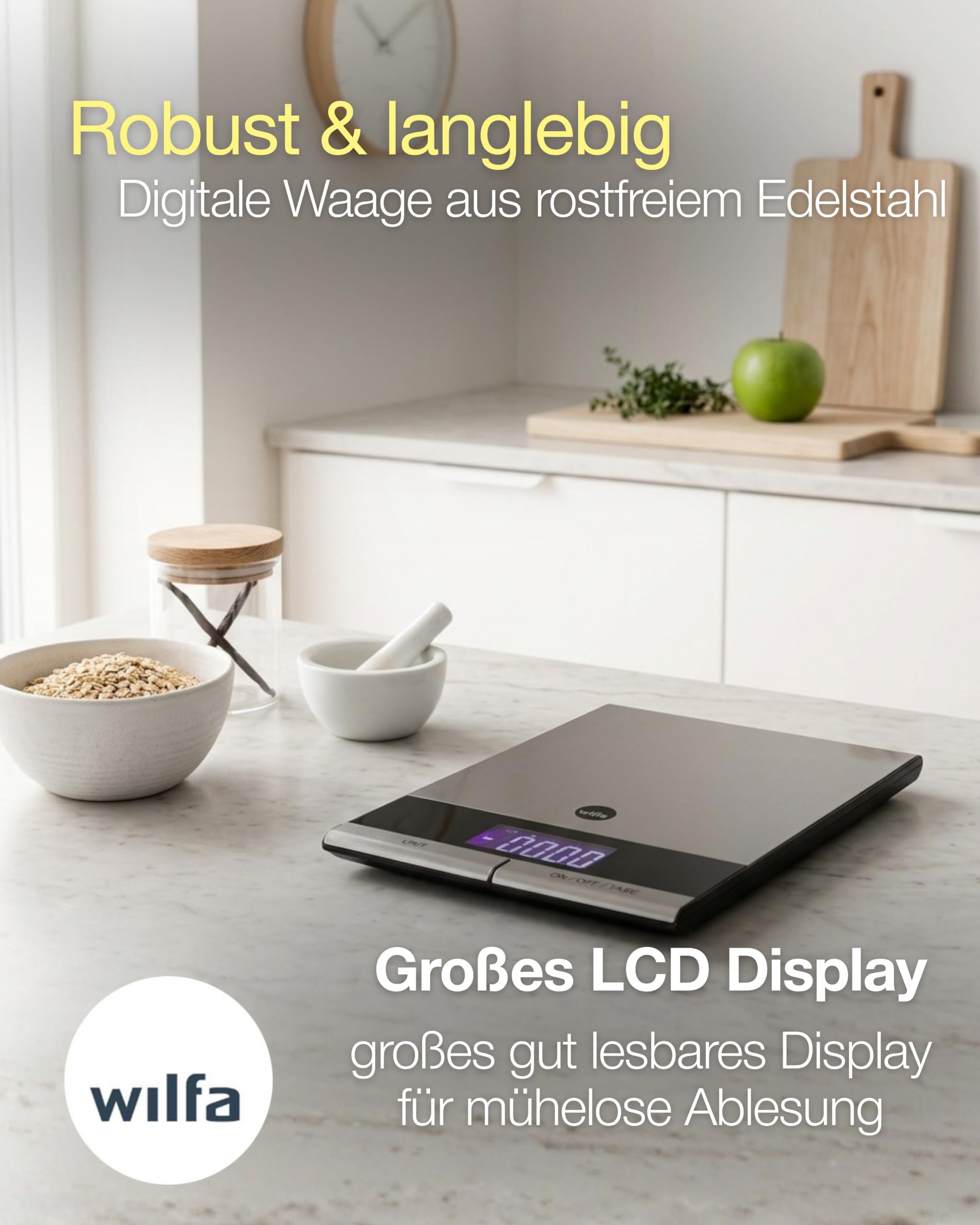Wilfa GRAM STÅL Küchenwaage – digitale Waage aus rostfreiem Edelstahl – 1 Gramm Intervalle – 5kg Maximalbelastung, silber