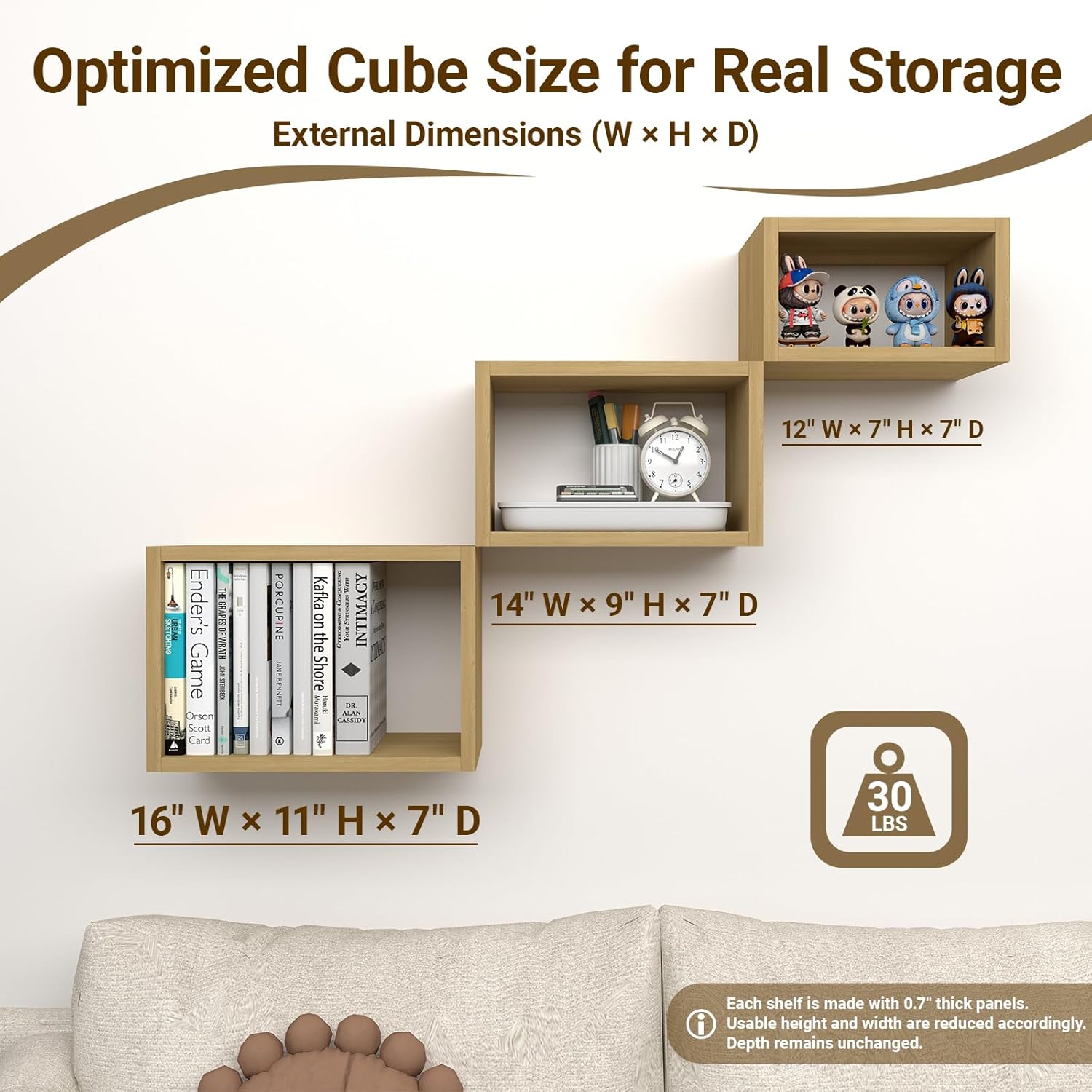 Premium Light Oak Floating Cube Shelves, Eco-Friendly Wood Box-Style Wall Storage Display Set of 3 — Pre-Assembled, Ready to Use, Modern Decorative Wall Shelf Units for Living Room, Bedroom & Office