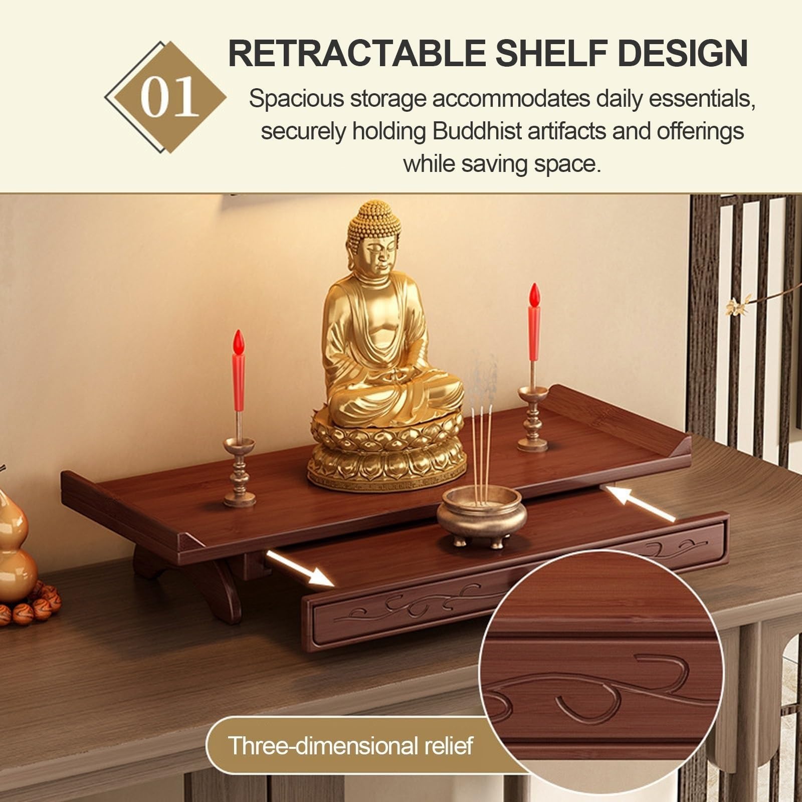 Étagère D'autel Bouddhiste Avec Étagère Coulissante, À Fixer Au Mur Ou À Poser Sur Un Bureau Support Pour Statue Bouddha Autel Table Méditation Meuble D'autel Pour Prière(DESKTOP,50CM/19.68")