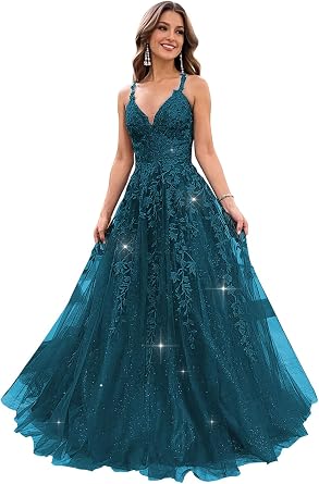 Womens Sparkly Tulle Prom Dress 2026 Long Spaghetti Straps V Neck Lace Applique Quinceanera Dresses Ball Gown