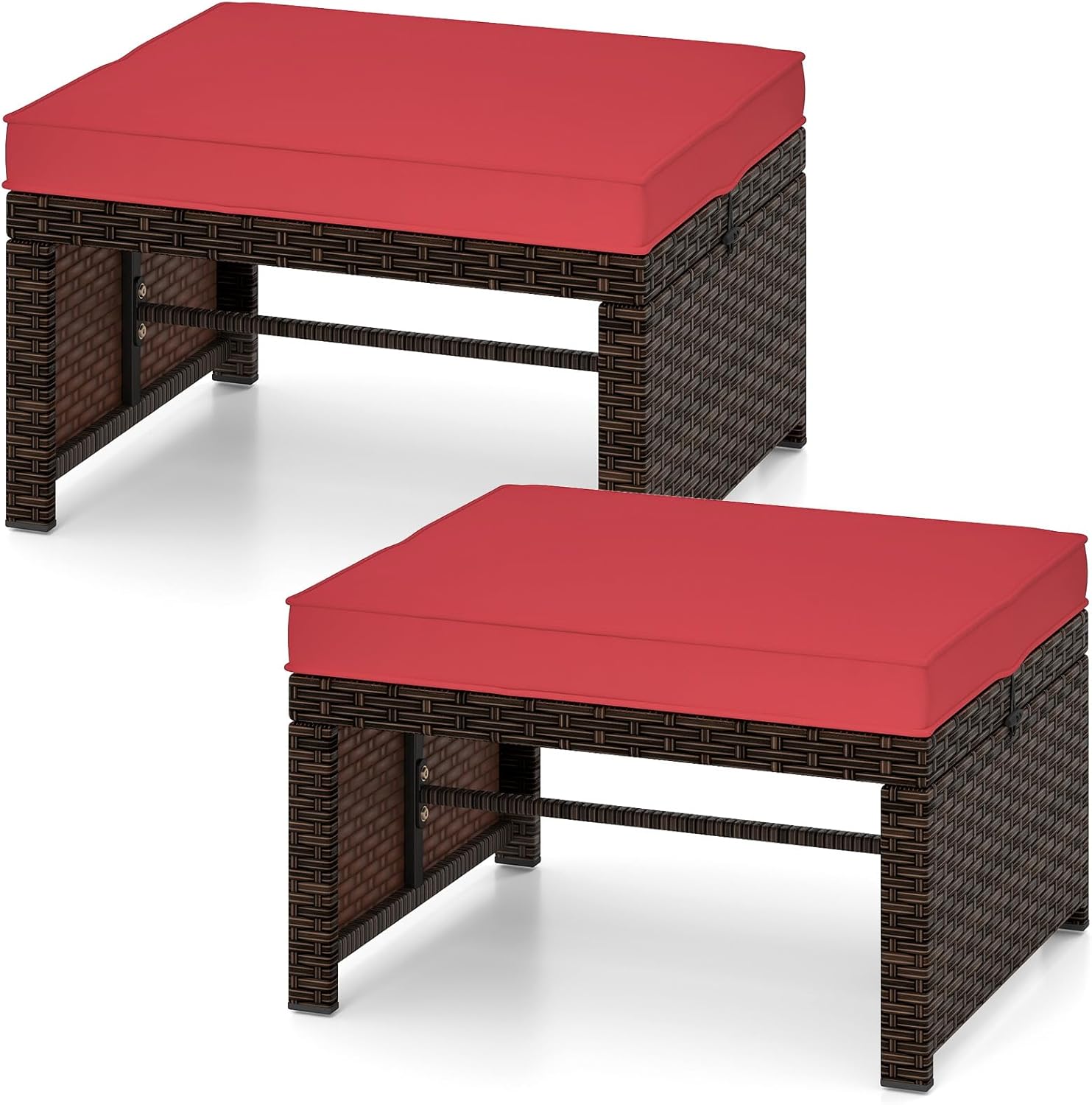 Tangkula 2 Pieces Patio PE Rattan Ottomans, Multipurpose Outdoor Footstool Footrest Additional Seating Side Table with Soft Zippered Cushions for Deck, Garden, Poolside and Yard (Red)