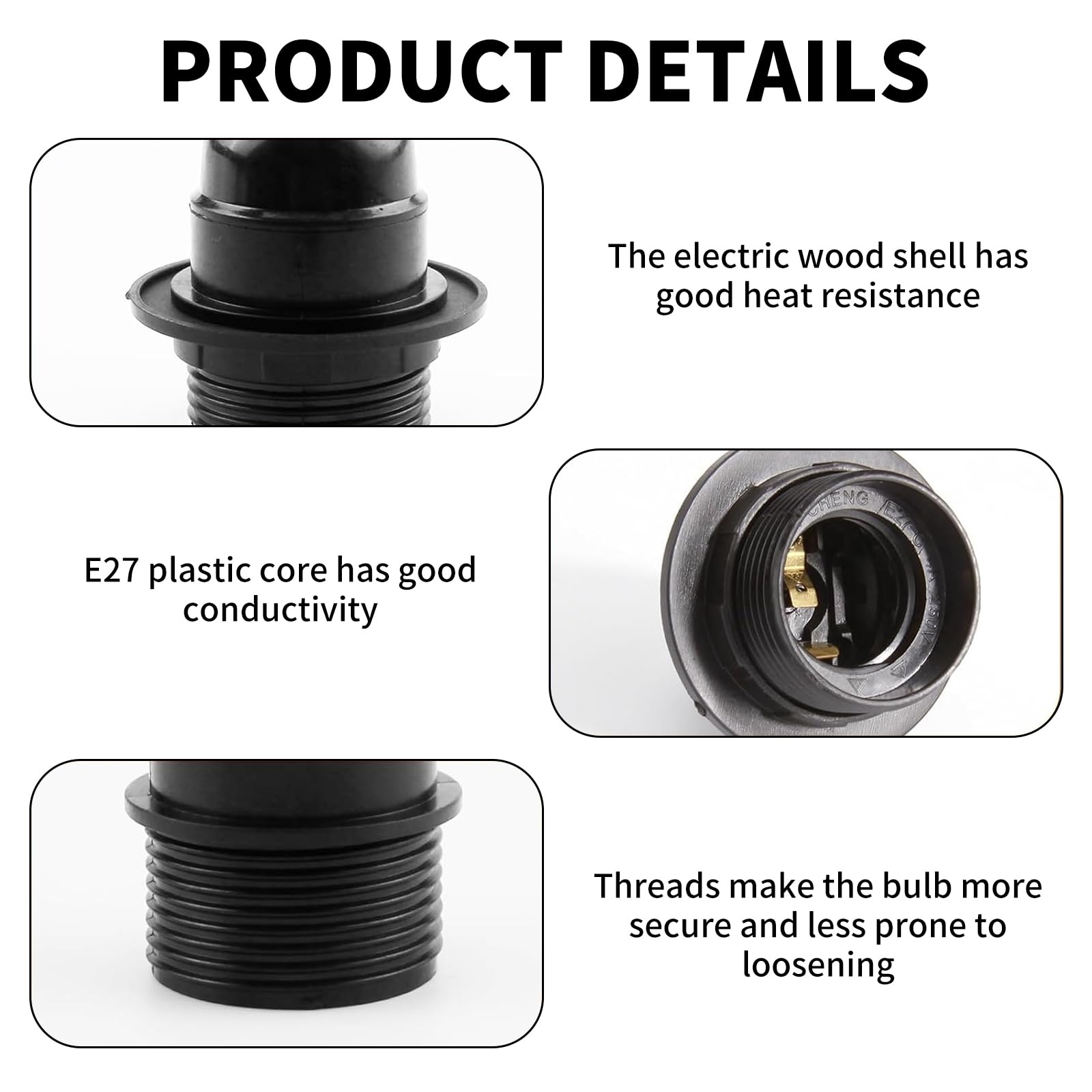 Wjelet 2Pcs Edison Screw E27 Lamp Holder,E27 Lampholder in Black Bakelite with Shade Ring and 10mm Threaded Entry for Table Light Fittings Black Ceiling Light Fitting or Pendant Light Fitting - Image 3