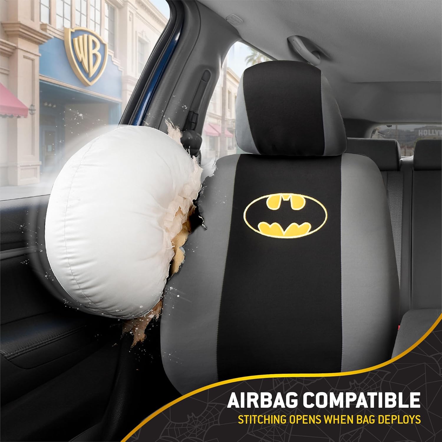 BDK Warner Bros DC Comics Batman Car Accessories 9pc Set - Universal Fit Car Seat Covers with Side Airbag Compatibility - Easy to Install for Car, Truck, Van, and SUV - Front & Rear Seats