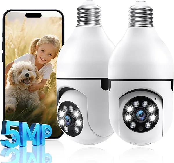 Light Bulb Security Camera, 5 Megapixels Light Bulb Camera, 5G WiFi Cameras for Home Security Outdoor Wireless, 5MP Color Night Vision, Motion Tracking, 2 Way Talk, 24/7 Security Camera with Spotlight