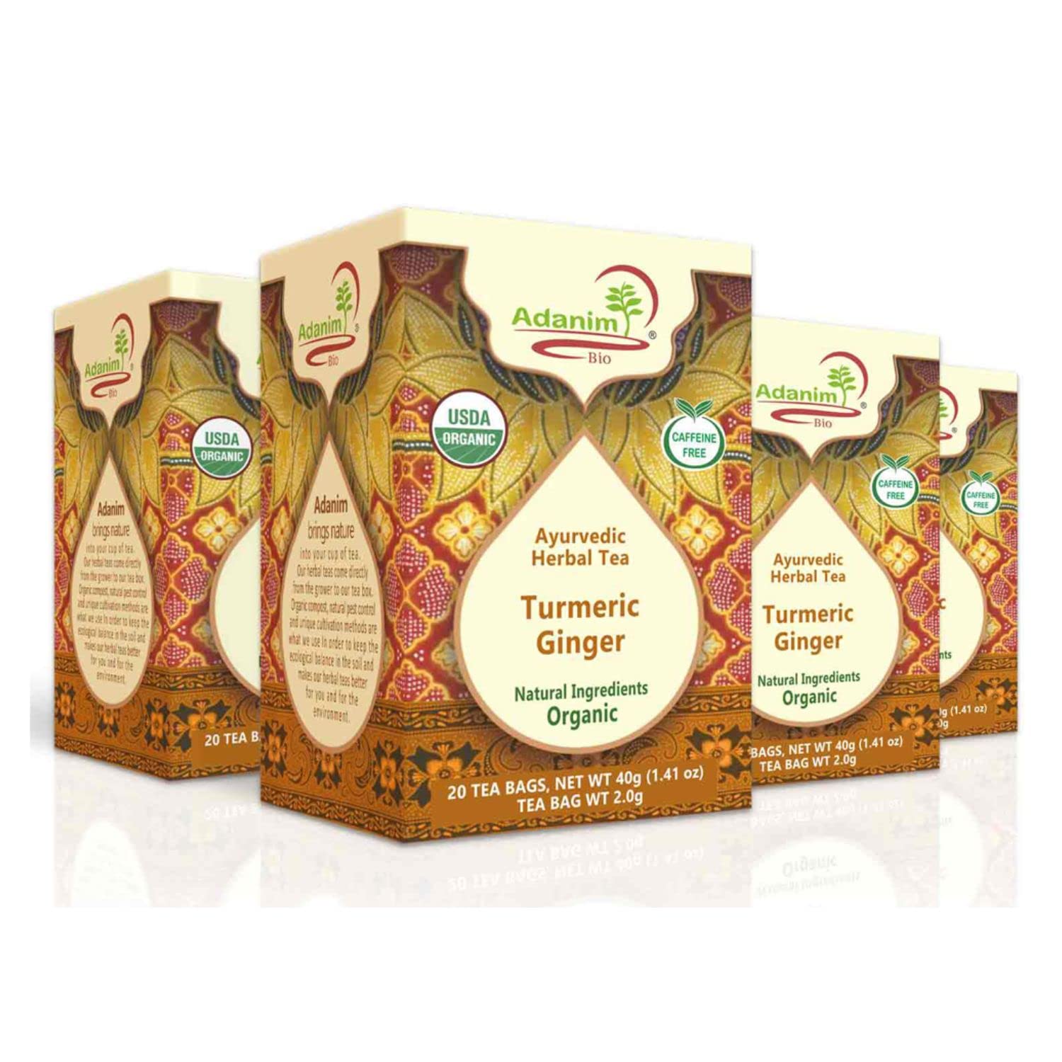 Adanim Bio Ginger Turmeric Tea, Value Pack 80 Teabags, Caffeine-free Organic Blend of Soothing and Flavorful Herbal Infusion for Overall Well-beingUSDA Organic