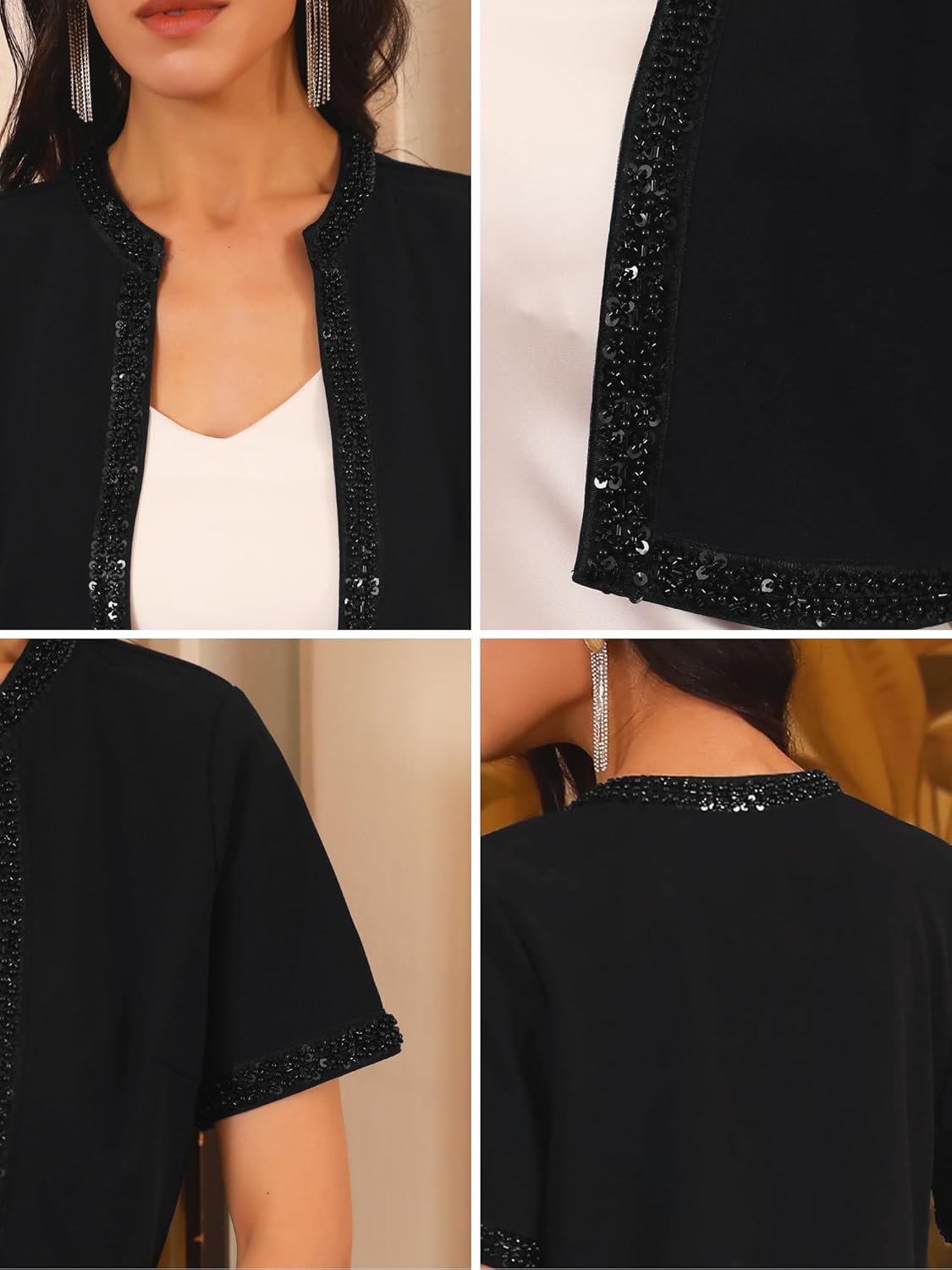 Women's Formal Shrug for Evening Dresses Open Front Crop Cocktail Wedding Beaded Sparkle Sequin Bolero - Image 5