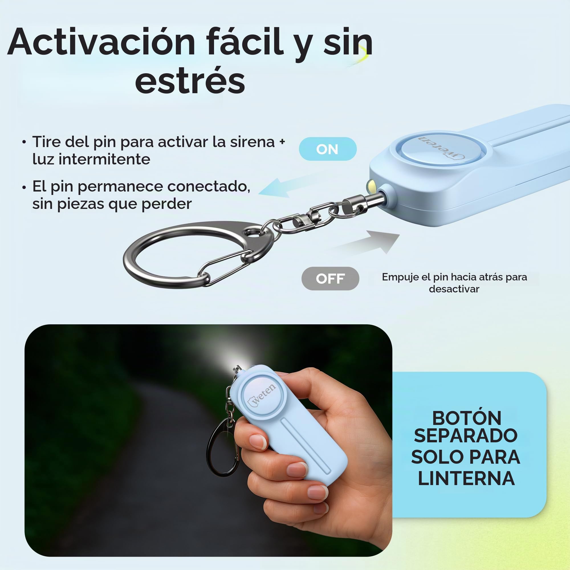 WETEN - Llavero de alarma personal de autodefensa - 130 dB con luz LED - Alerta de emergencia llavero silbato para mujeres, hombres, niños, personas mayores y corredores