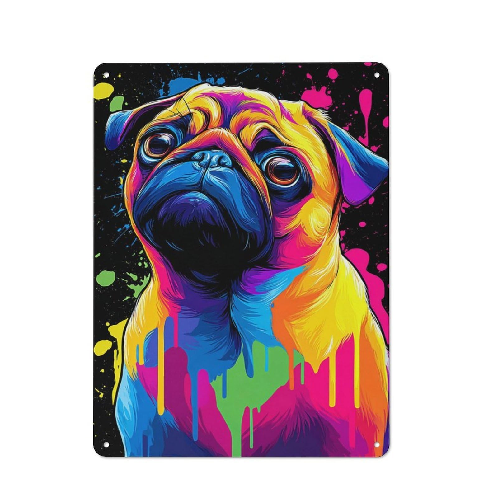 Junmoney Colorful Pug Artwork Metal Plaque With Design 40X30cm, Vintage Bistro Wall Plaque For Coffee Bar, Kitchen, Bistro Or Tea Corner
