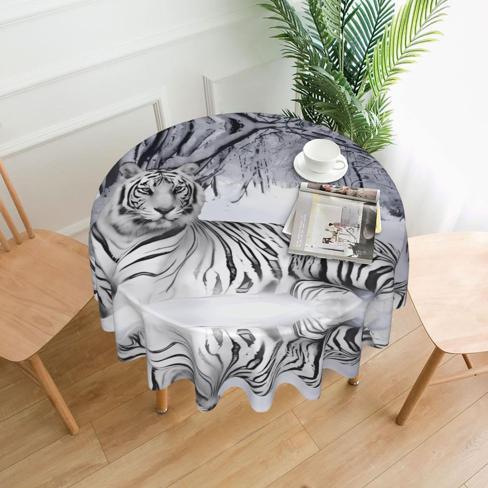 WHJSSF White tiger Prints Round Decorative Tablecloth 60in - Elevate Your Dining Experience with a Stylish & Protective Table Throw