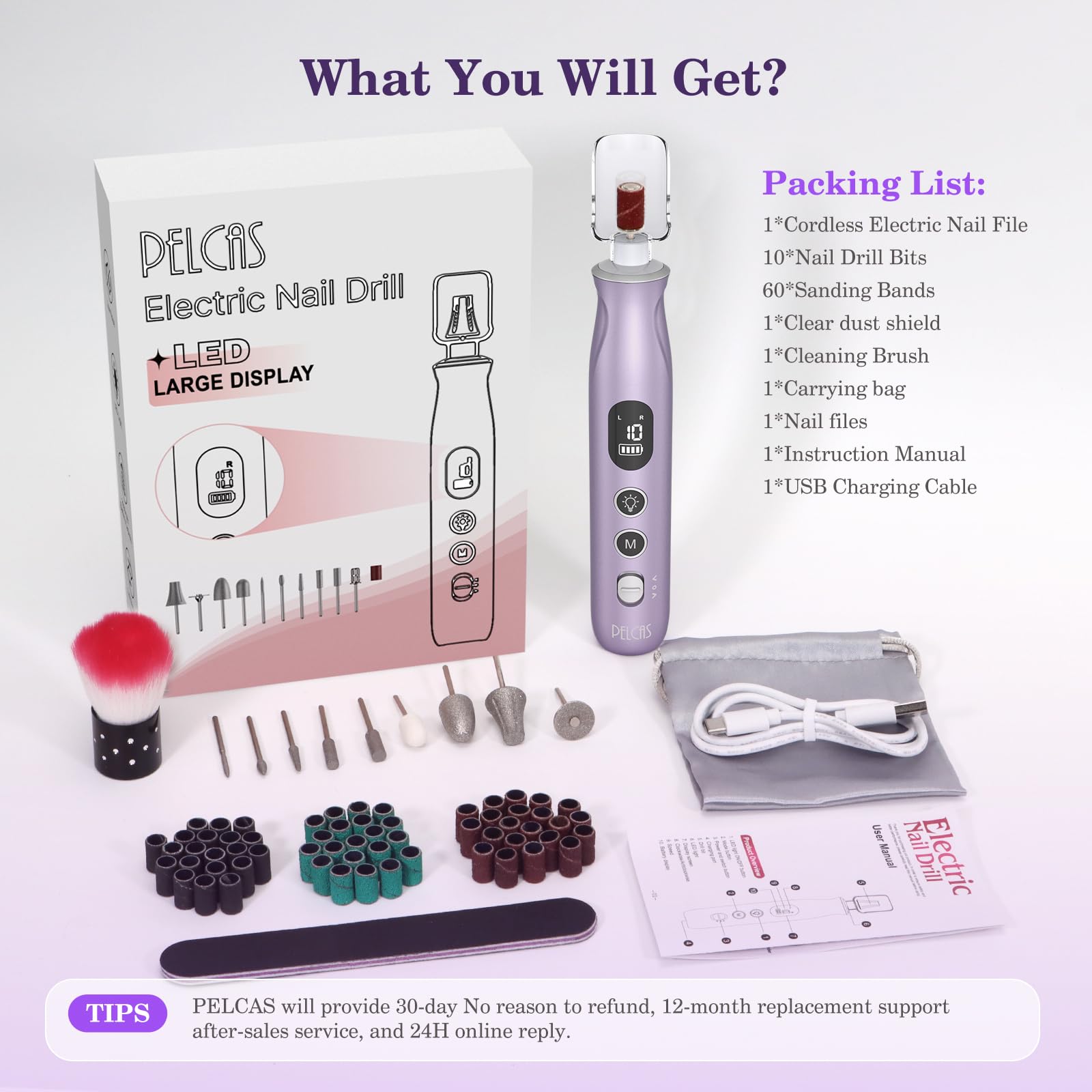 PELCAS Electric Nail Drills, 10 Speeds Cordless Nail File with LED Light, Portable Manicure & Pedicure Kit, Nail Grinder with LCD Screen for Human, Pet, Thick Toenails, Natural & Acrylic Nails Purple - image 7