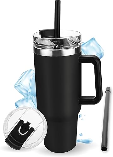 Miniatura 2 de JCDRAGON - Vaso de 40 onzas con asa, de acero inoxidable con tapa y pajita, botella de agua para bebidas calientes y frías, conserva la temperatura