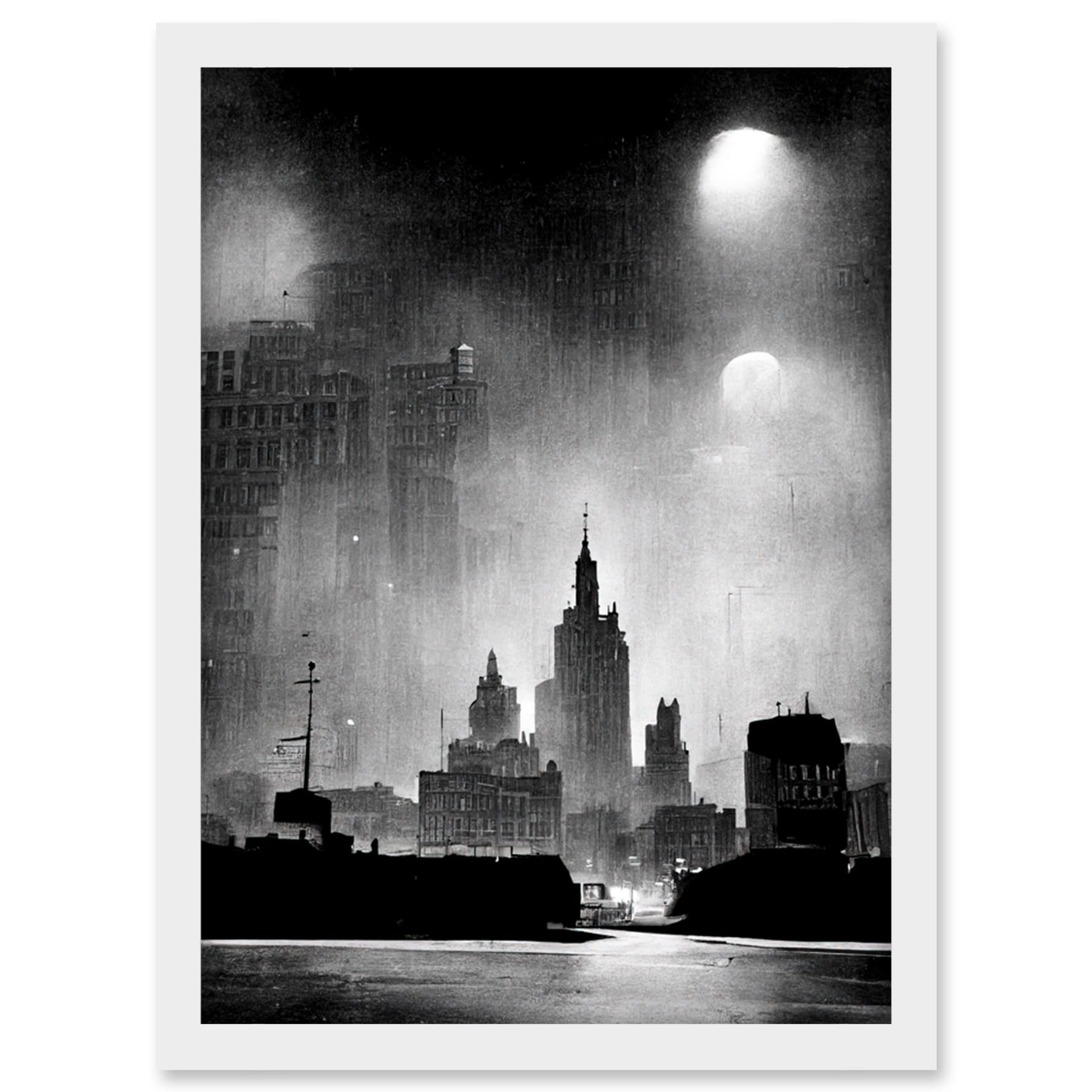 Doppelganger33 LTD 1950s Black And White New York Rainy Mist Cityscape Artwork Framed Wall Art Print A4