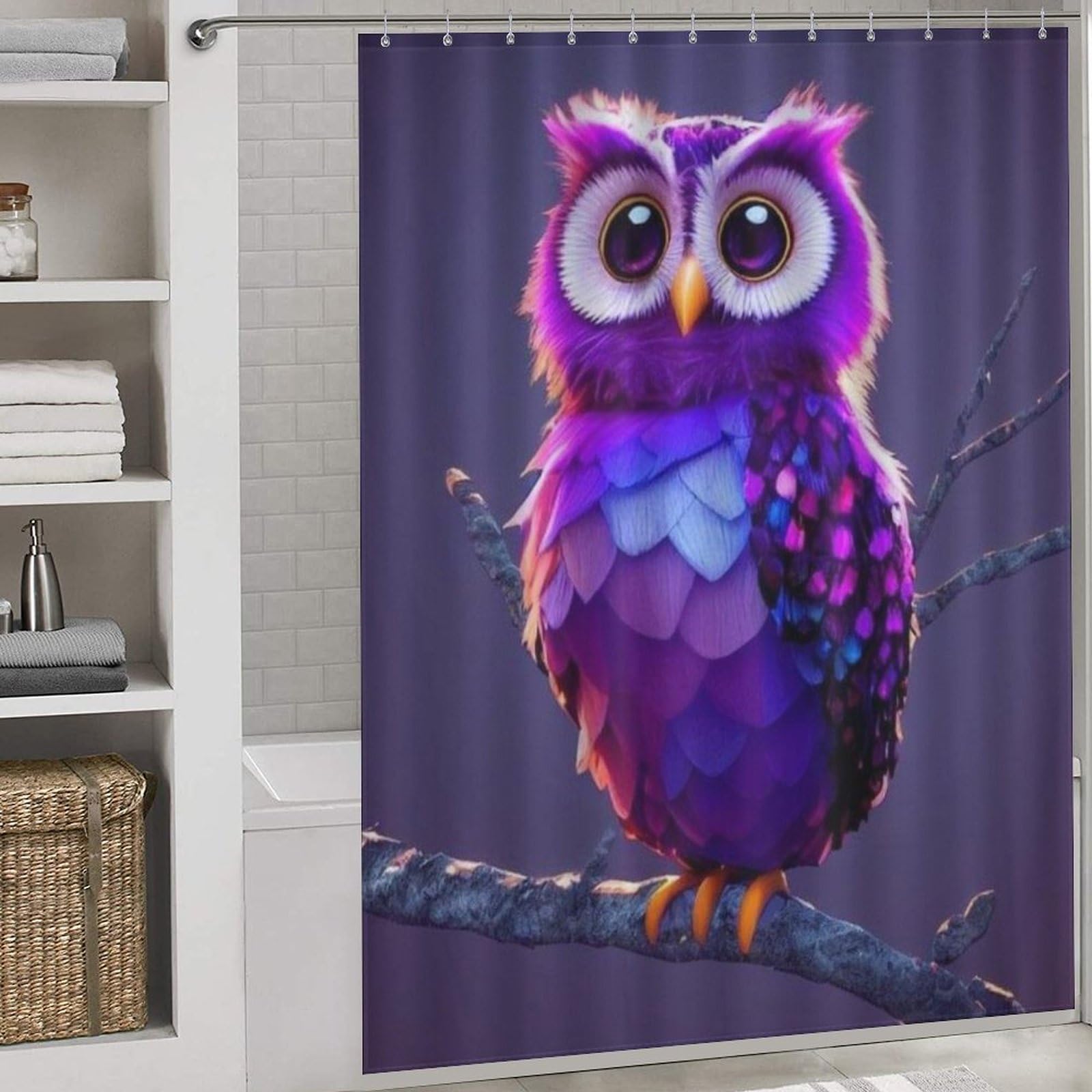 Rideau de douche hibou imperméable 168x183cm pour baignoire avec 12 anneaux