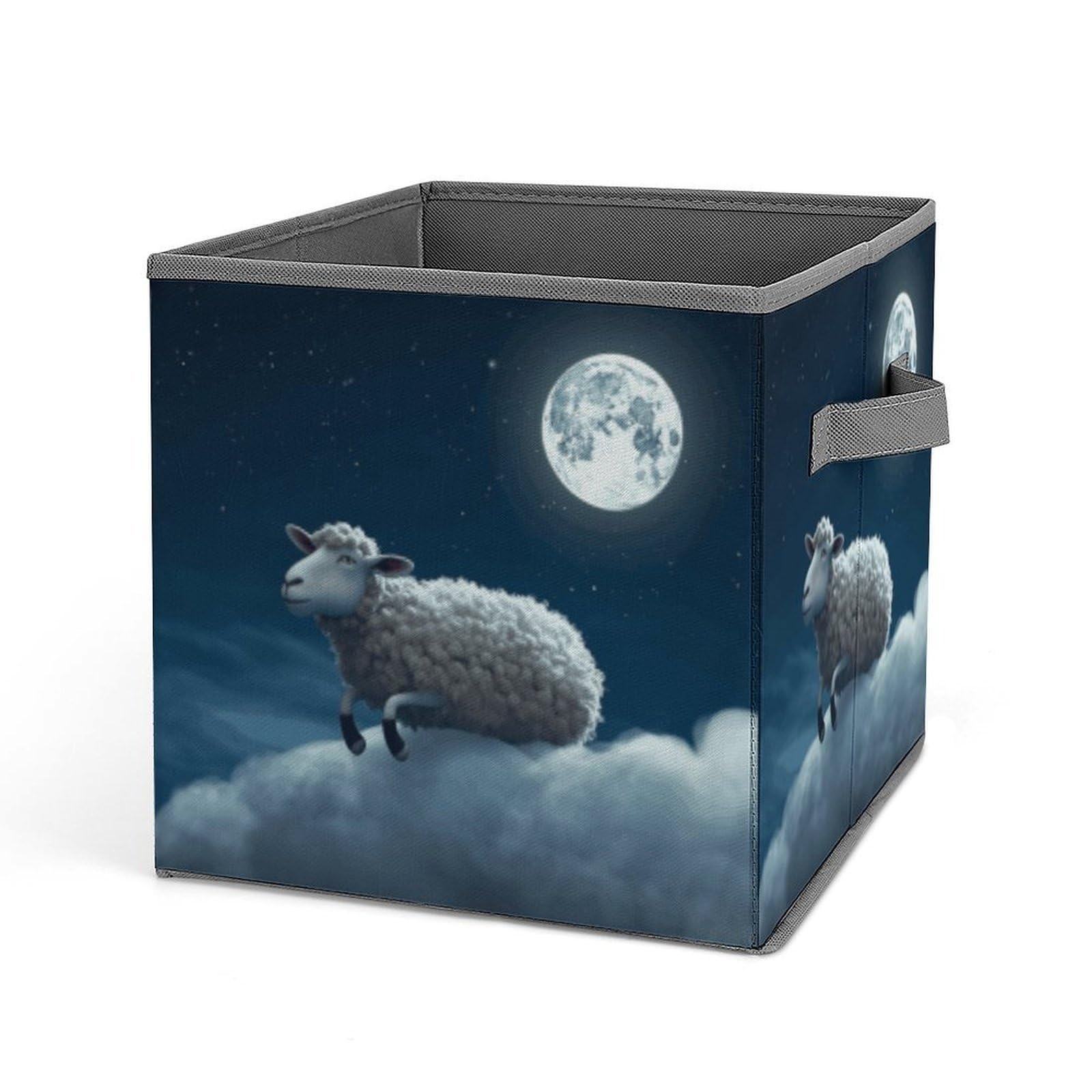 DWVTSLH Sheep Flying over The Moon Cube Storage Bins with Handle, Foldable Storage Cubes, 11 Inch Large Storage Baskets, Washable Fabric Closet Organizer for Shelves, Decorative Clothes Storage Boxes