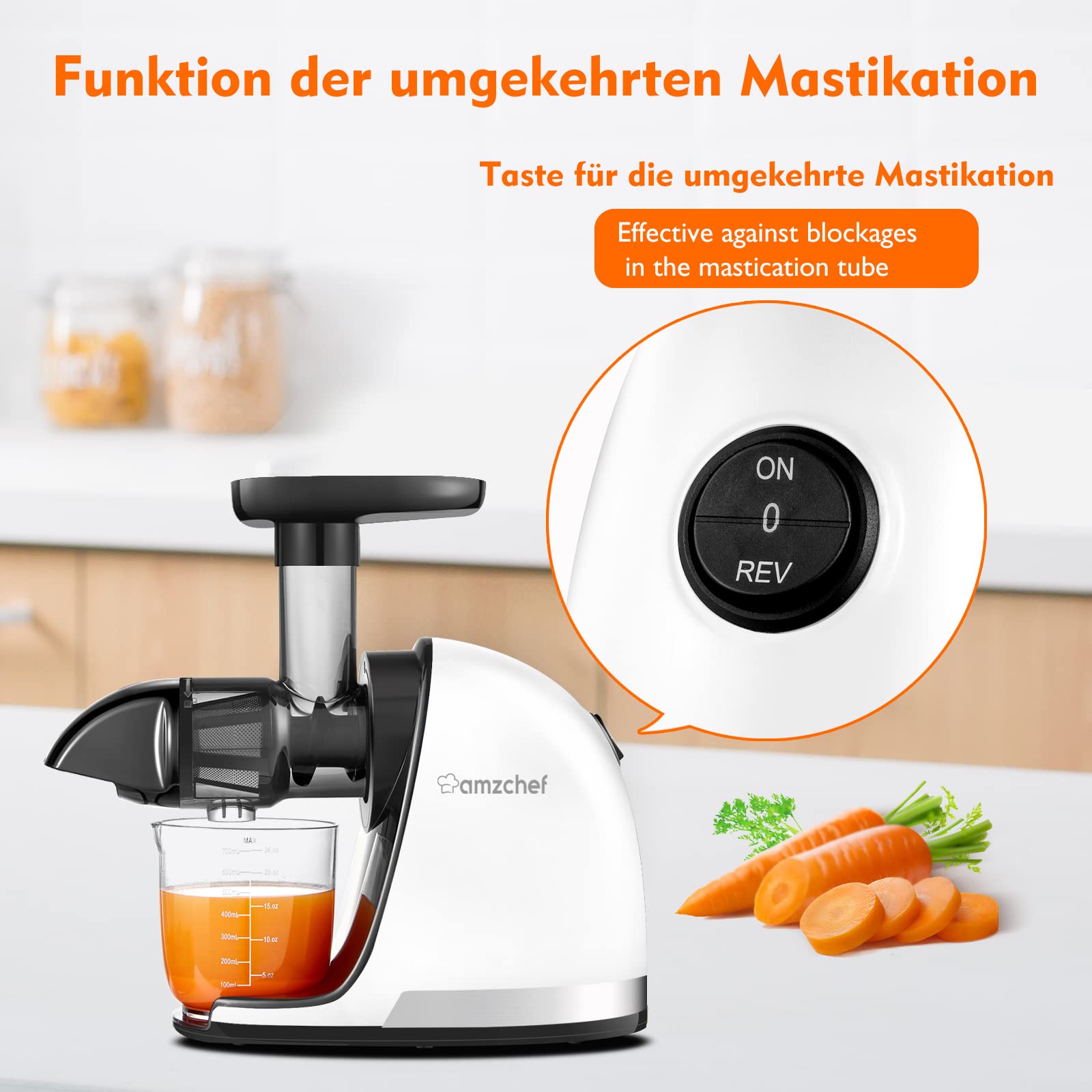 Amzchef Entsafter Gemüse und Obst Testsieger - Entsafter Slow Juicer mit Rückwärts-Kau-Funktion - Zartes Zerkleinern ohne Filtern - Saftpresse Elektrisch mit Bürste und 2 Tassen - Rein-weiß – Bild 8