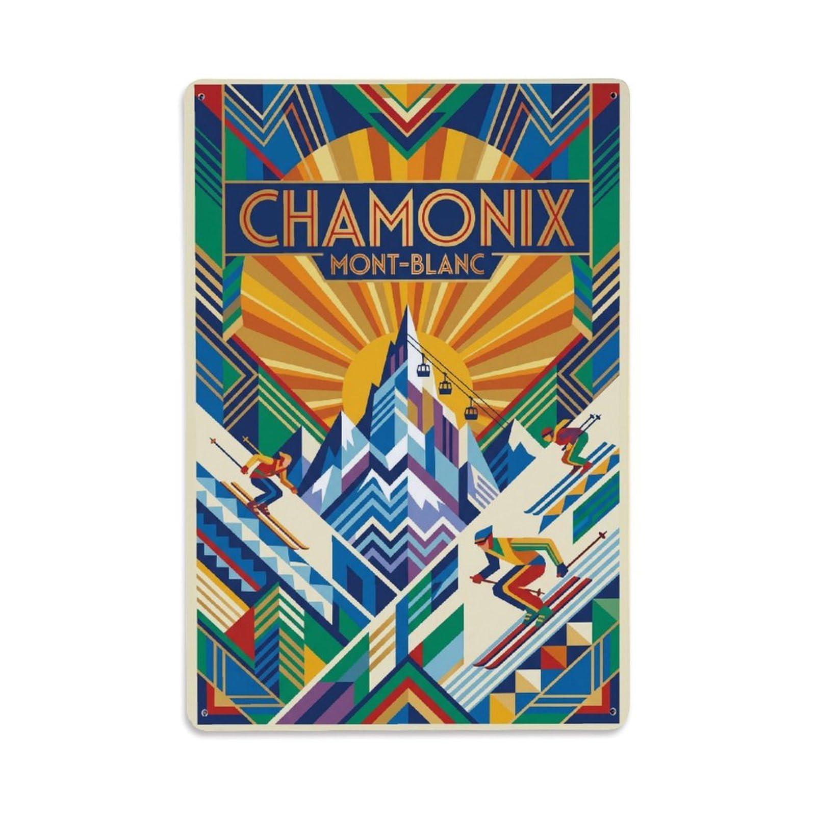 Olhnbad Style Mont Blanc Chamonix France Geometric Alpine Travel Metal Tin Sign