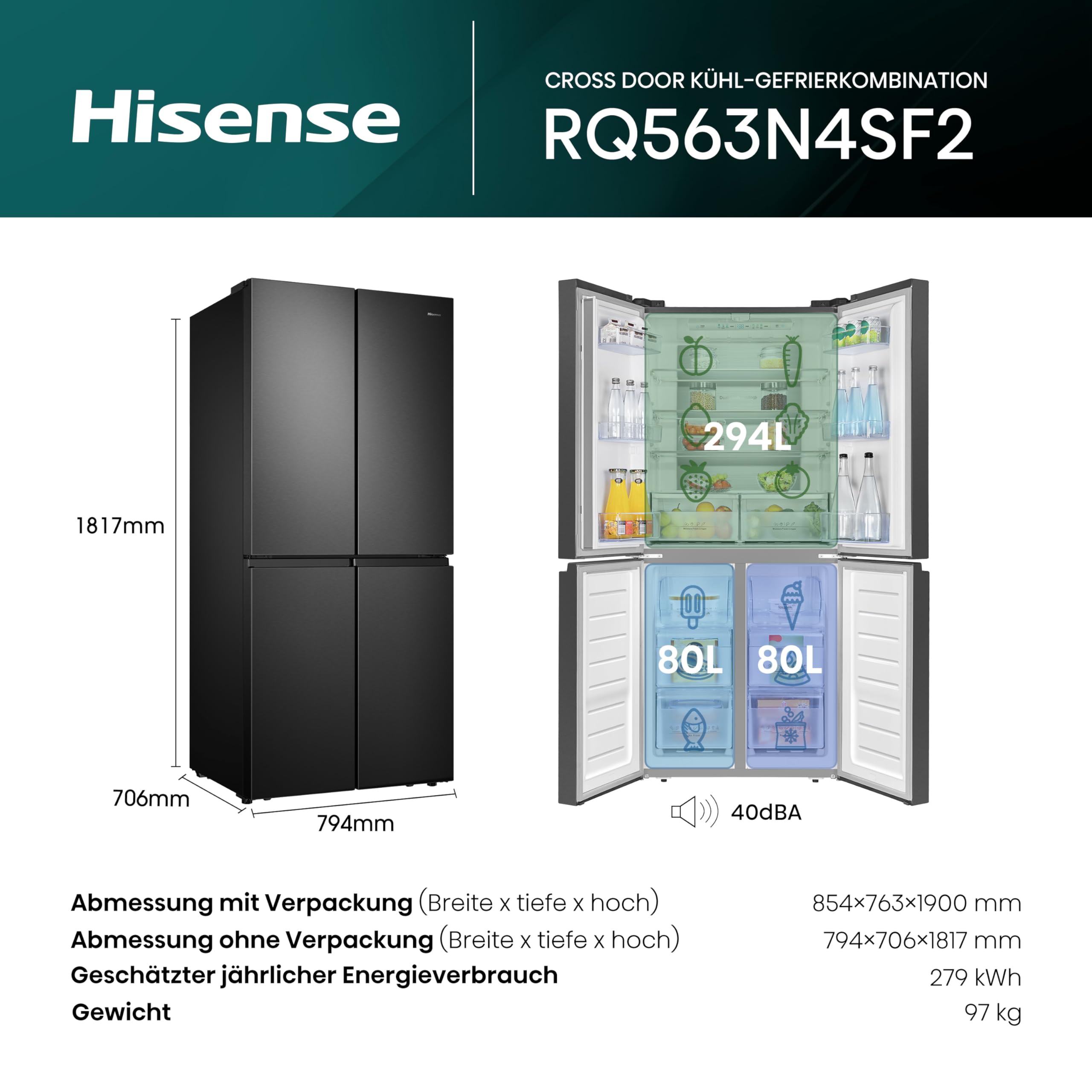 Hisense RQ563N4SF2 Cross Door Kühl-Gefrierkombination/ NoFrostPlus/ Inverter-Kompressor/ HolidayMode/ SuperCool/ 181 cm/ Kühlteil 294 l/ Gefrierteil 160 l/ 40 dB/ 279 kWh/ Jahr/ Schwarz