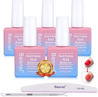 BESNEL Gel Nail Polish Remover 5 Pack - Quick 2-3 Min No-Foil Kit with File, Pusher & Grit, Safe Non-Irritating for Home Use