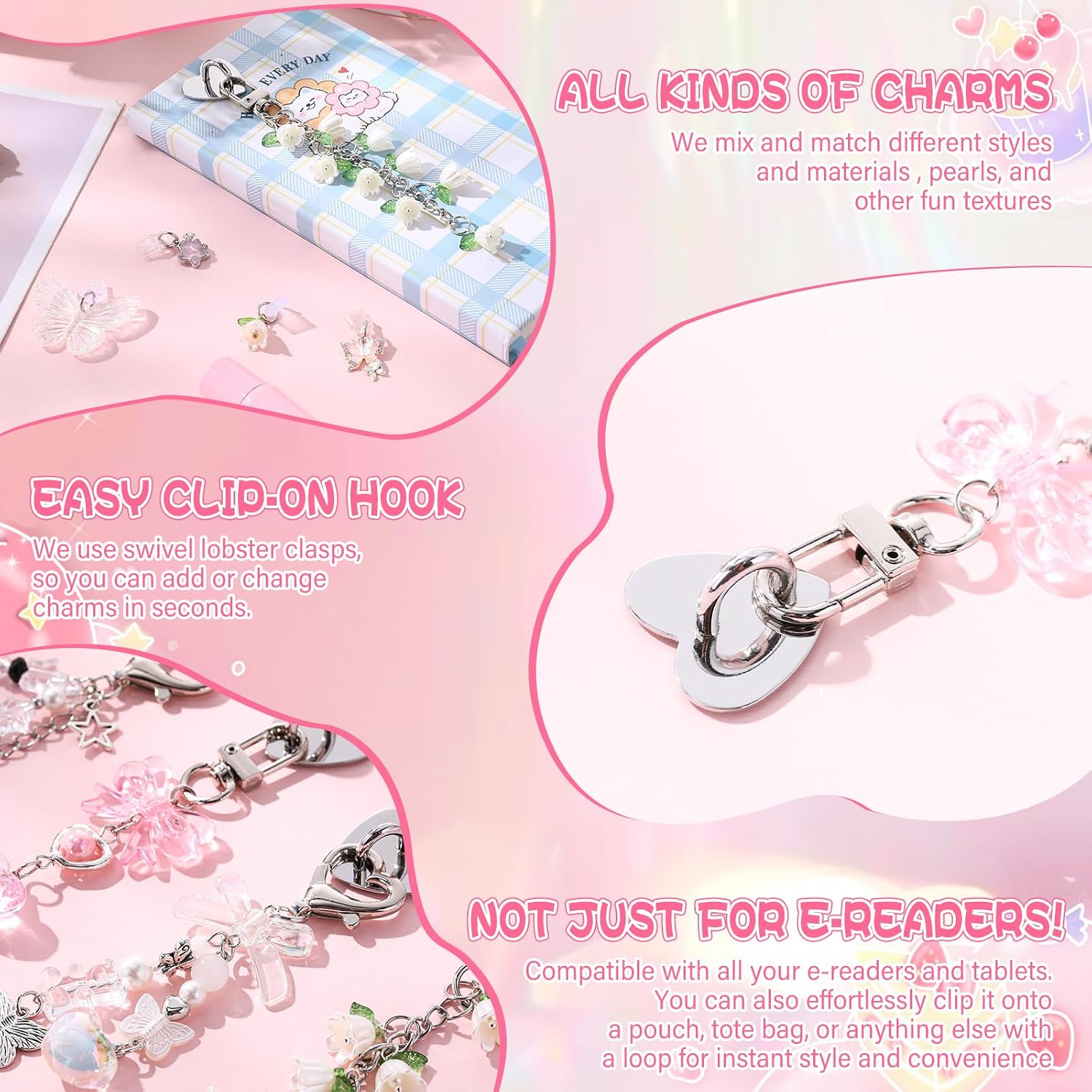 Liliaafar 8 Pcs Cute Charms Set for E-reader Including Dust Plug Charm for Type C, Phone Charm Bling Chains Accessories with Hooks, Compatible for E-reader/Phone Decorations
